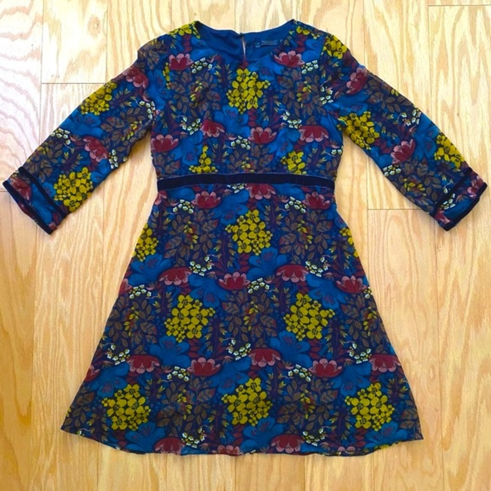 COPY - Zara Floral Velvet Mesh Midi Dress Keyhole Trafaluc Multicolor XS